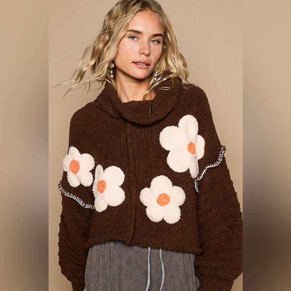 #069 B32 POL Brown sweater with floral patch - Picture 2 of 5